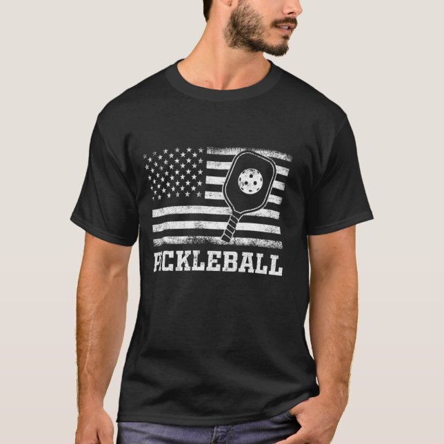Vintage Patriotic USA Flag With Pickleball T-Shirt (Front)