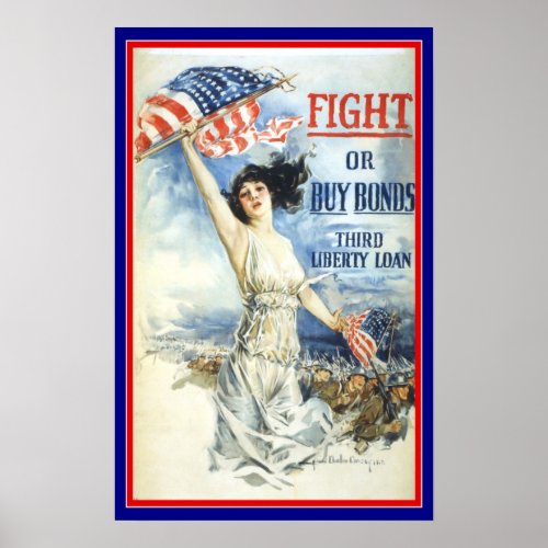 Vintage Patriotic Woman w American Flag Poster Art