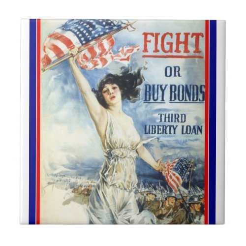 Vintage Patriotic Woman w American Flag Poster Art Ceramic Tile