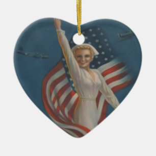 Vintage Patriotic WW2 Army Nurse with Flag Ceramic Ornament