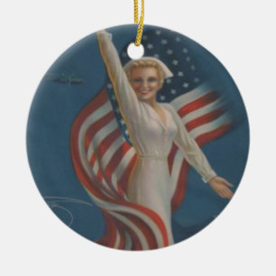 Vintage Patriotic WW2 Army Nurse with Flag Ceramic Ornament