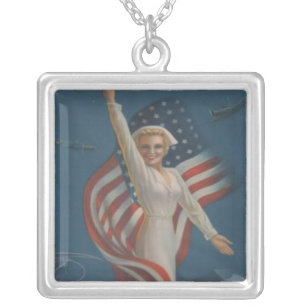 Vintage Patriotic WW2 Army Nurse with Flag Silver Plated Necklace