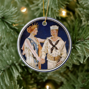 Vintage Patriotism, Lady Liberty with Navy Seaman Ceramic Ornament