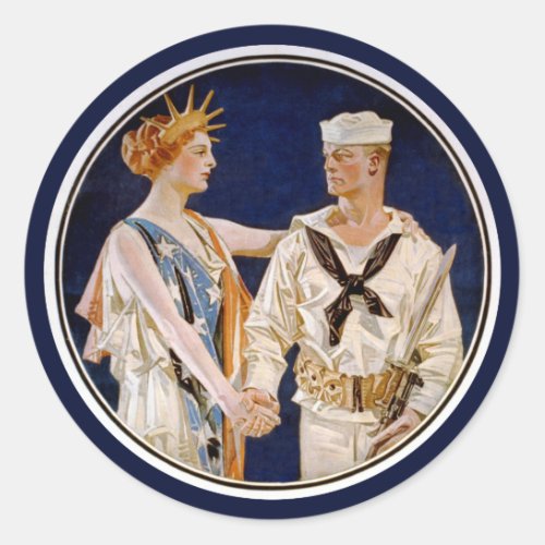 Vintage Patriotism Lady Liberty with Navy Seaman Classic Round Sticker