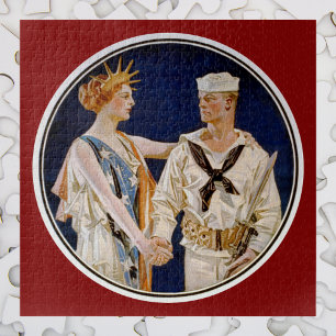 Vintage Patriotism, Lady Liberty with Navy Seaman Jigsaw Puzzle