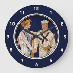 Vintage Patriotism, Lady Liberty with Navy Seaman Large Clock