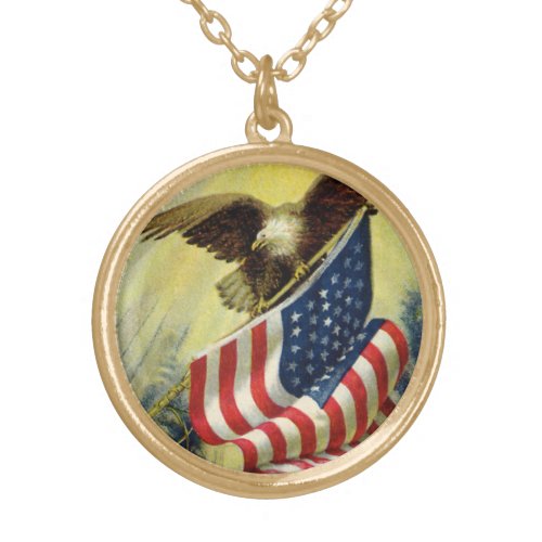 Vintage Patriotism Patriotic Eagle American Flag Gold Plated Necklace