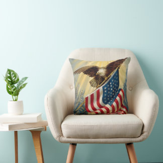 Vintage Patriotism, Patriotic Eagle American Flag Throw Pillow