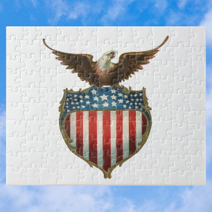 Vintage Patriotism, Proud Eagle over American Flag Jigsaw Puzzle