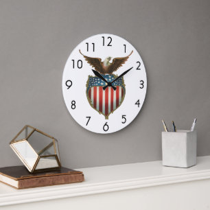 Vintage Patriotism, Proud Eagle over American Flag Large Clock