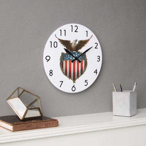 Vintage Patriotism Proud Eagle over American Flag Large Clock