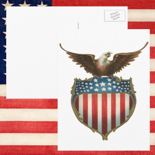 Vintage Patriotism Proud Eagle over American Flag Postcard