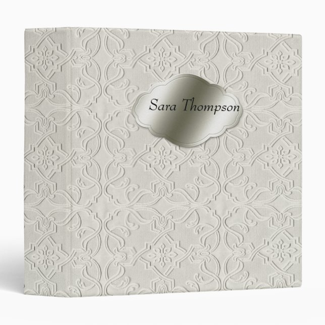 Vintage Pattern Embossed Silver Nameplate 3 Ring Binder (Front/Spine)