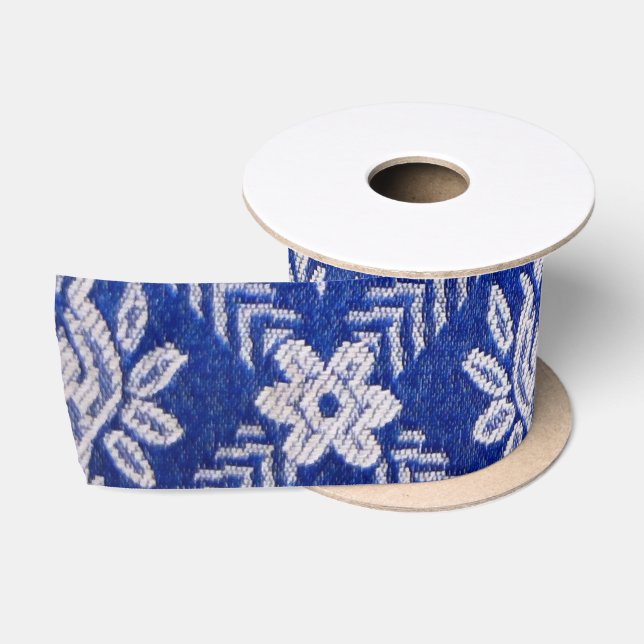 Vintage Pattern Fabric Blue Satin Ribbon (Spool)