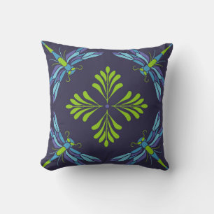 Vintage pattern green blue dragonfly on dark backg throw pillow