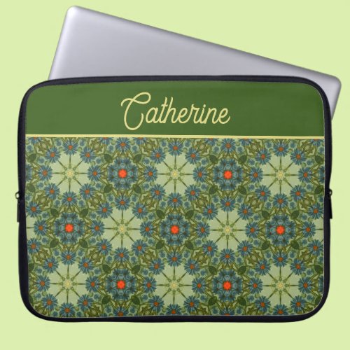 Vintage pattern in Green with Blue Flowers Laptop Sleeve
