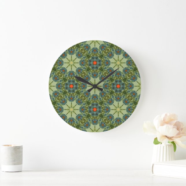Vintage pattern in Green with Blue Flowers Large Clock (Home)