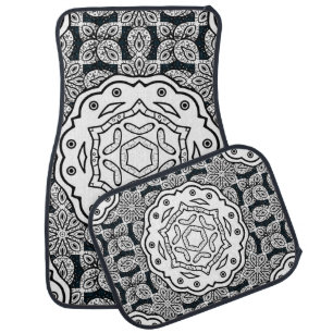 Vintage pattern on blue background with white elem car floor mat