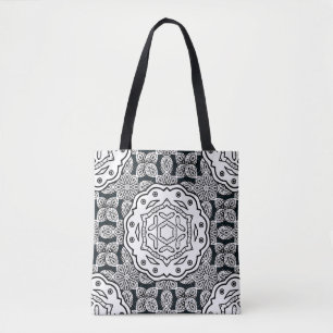 Vintage pattern on blue background with white elem tote bag