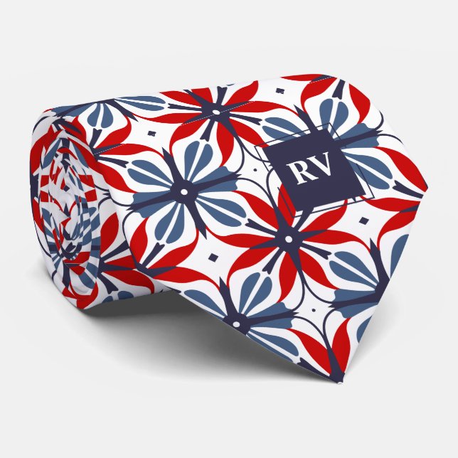 Vintage Pattern Red White and Blue Neck Tie (Rolled)