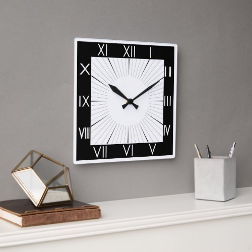 Vintage Pattern Roman Numerals Black Background Square Wall Clock