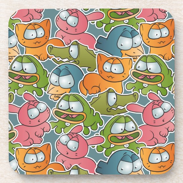 Vintage pattern with cartoon animals beverage coaster (Front)