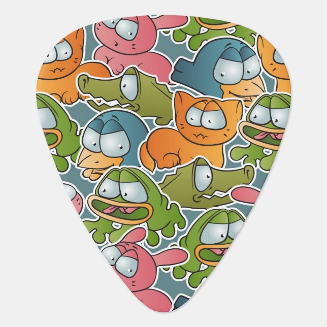 Vintage pattern with cartoon animals guitar pick (Front)