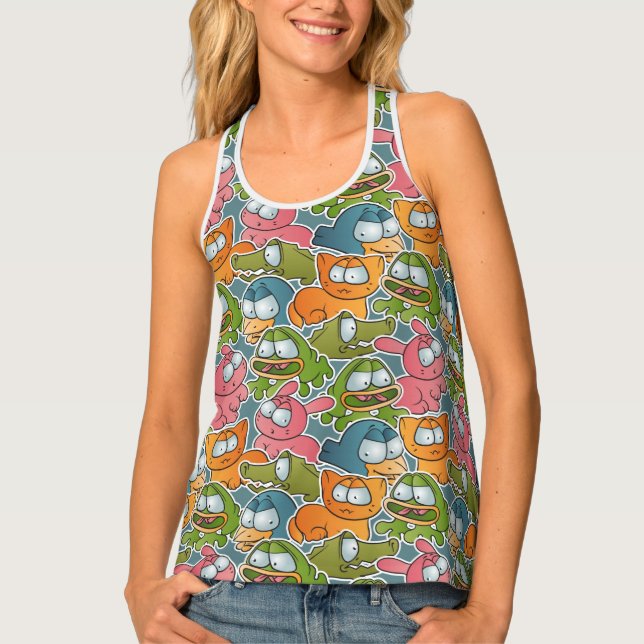 Vintage pattern with cartoon animals tank top (Front)