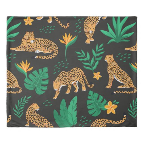 Vintage pattern with leopards and tropical leaves  duvet cover
