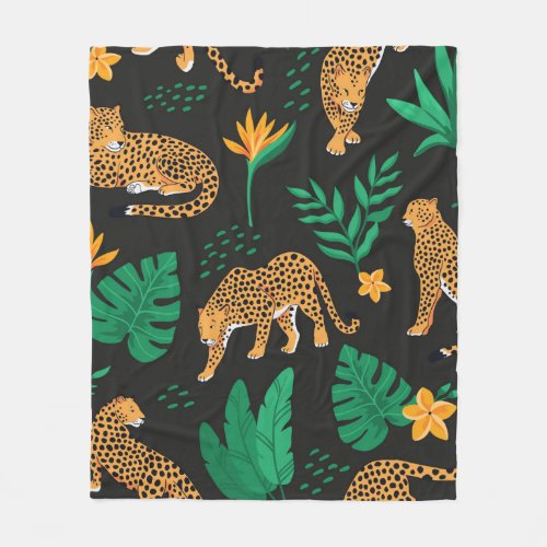 Vintage pattern with leopards and tropical leaves  fleece blanket