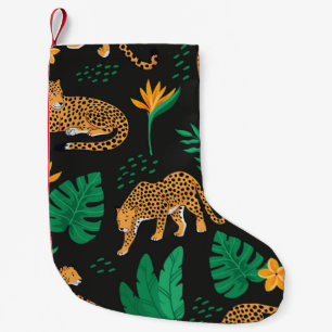 Vintage pattern with leopards and tropical leaves small christmas stocking