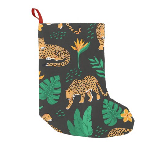 Vintage pattern with leopards and tropical leaves  small christmas stocking