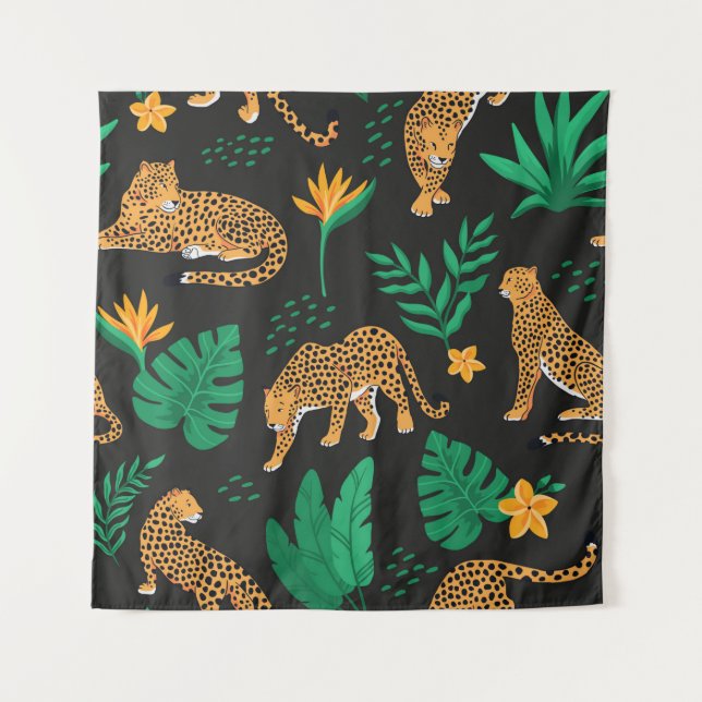 Vintage pattern with leopards and tropical leaves  tapestry (Front)