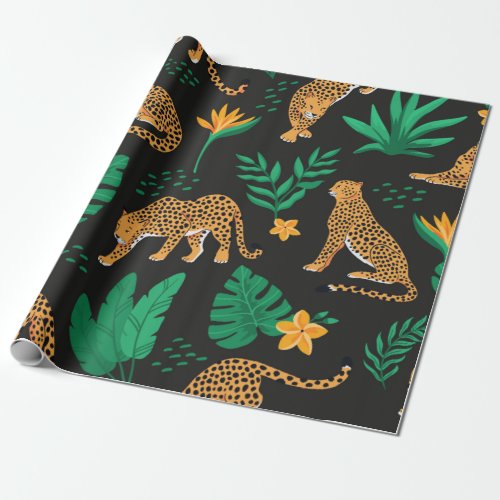 Vintage pattern with leopards and tropical leaves  wrapping paper