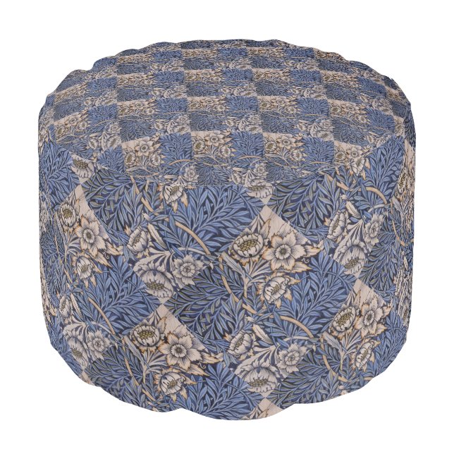 Vintage Patterned Blue and Gold Pouf (Angled Front)