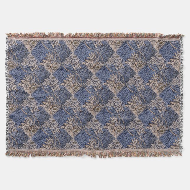Vintage Patterned Blue and Gold Throw Blanket (Front)