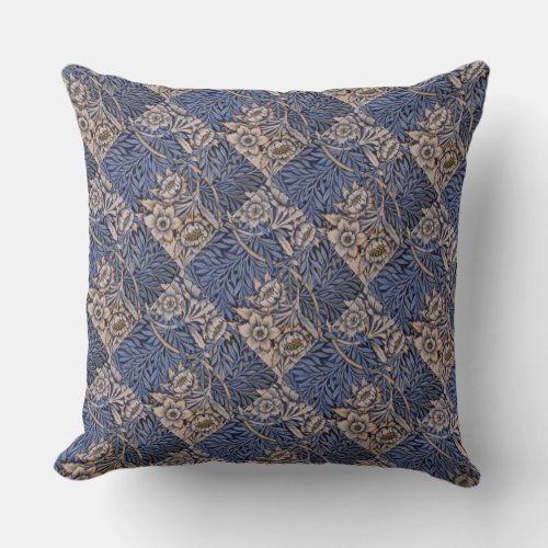 Vintage Patterned Blue and Gold Throw Pillow