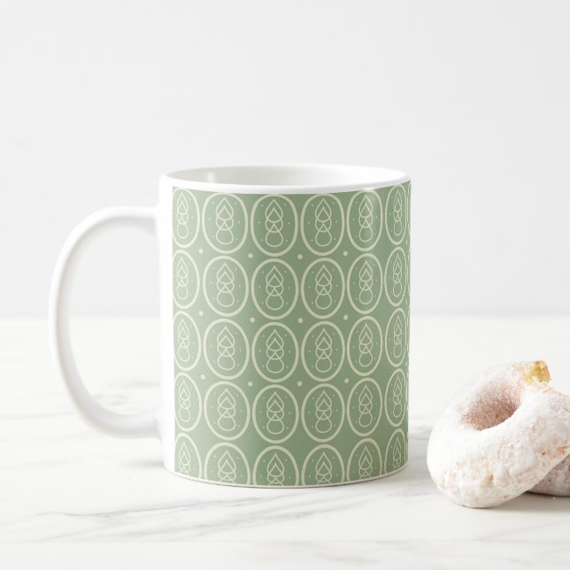 Vintage Patterned Print Ceramic Mug Sage Green  (With Donut)