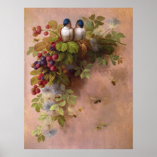 Vintage Paul de Longpré Art Birds Berries Bees Poster (Front)