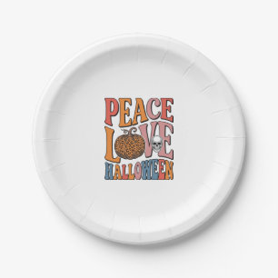 Vintage Peace Love Halloween Pumpkin Skull Design_ Paper Plates