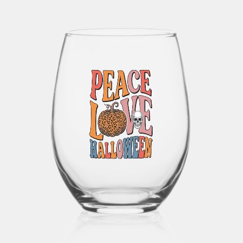 Vintage Peace Love Halloween Pumpkin Skull Design_ Stemless Wine Glass