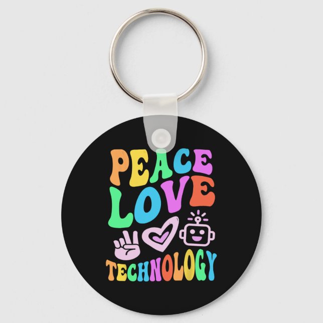 Vintage Peace Love Technology Retro Computer Teach Keychain (Front)