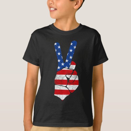 Vintage Peace Sign American Flag 4th of July Kids T_Shirt