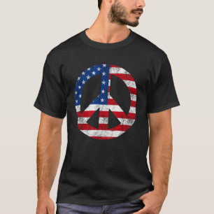 Vintage Peace Sign Symbol American Flag 4th July T-Shirt