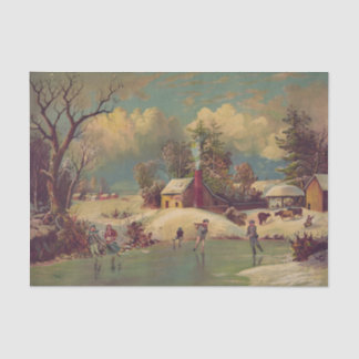 Vintage Peaceful Winter Village Ice Skating Tissue Paper