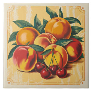 Vintage Peach and Cherry Rustic Orchard Fruit Ceramic Tile