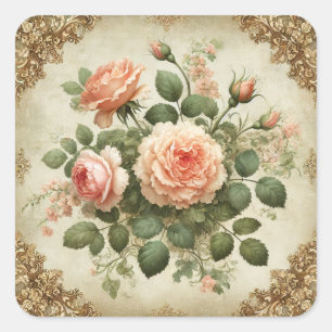 Vintage Peach and Moss Rose Floral Gold Border Square Sticker