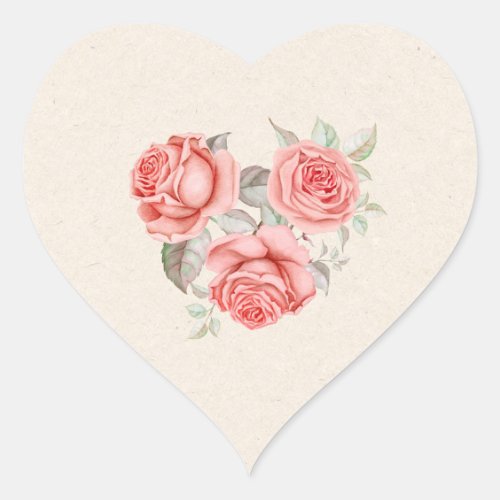 Vintage Peach Coral Roses Greenery Leaves Wedding Heart Sticker