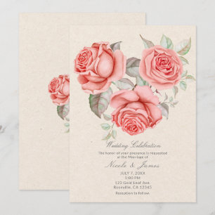 Vintage Peach Coral Roses Greenery Leaves Wedding Invitation