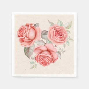 Vintage Peach Coral Roses Greenery Leaves Wedding Napkins